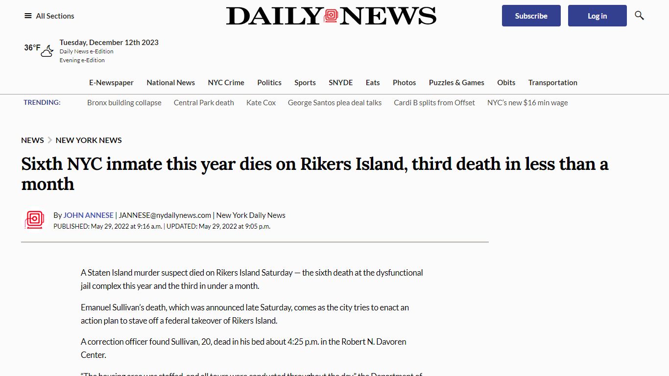 Sixth NYC inmate this year dies on Rikers Island, third death in less ...